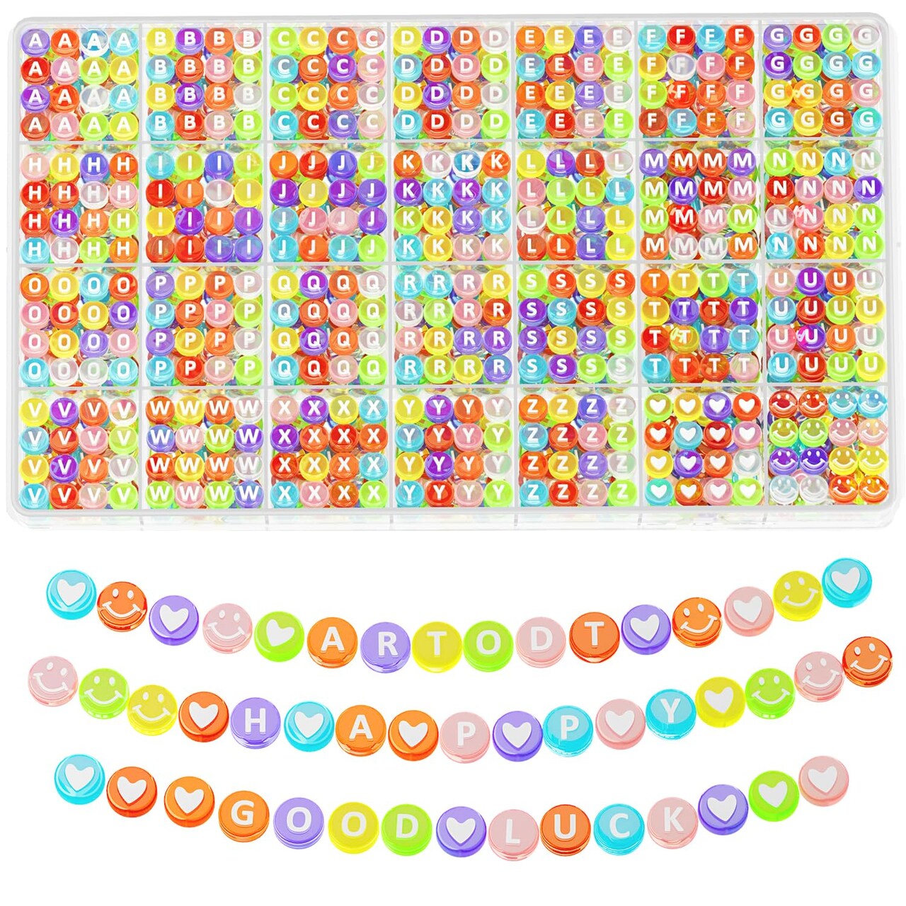 1400 Pieces Letter Beads for Jewelry Making, 28 Patterns and 8 Colors of Alphabet Beads, Colorful Smiley Face Beads and Heart Beads for Bracelet Making